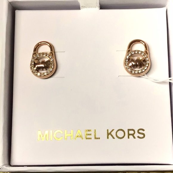 NEW Michael Kors Rose Gold Pave Lock Stud Earrings - Picture 1 of 3